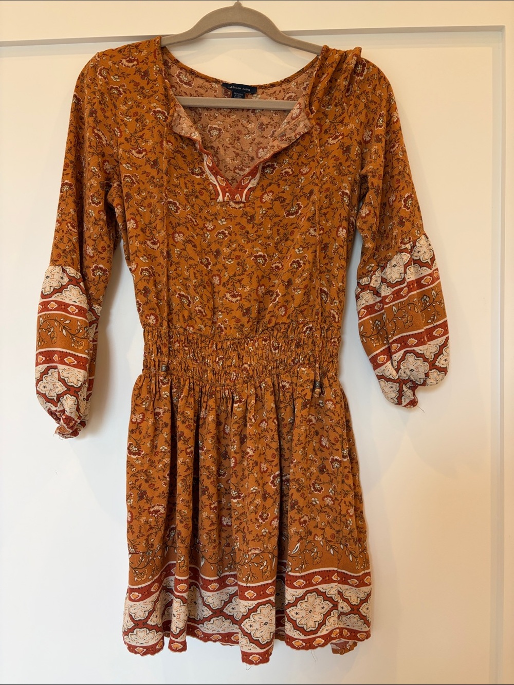 American Eagle Outfitters Mustard Floral Boho Smocked-Waist Long Sleeve Dress
